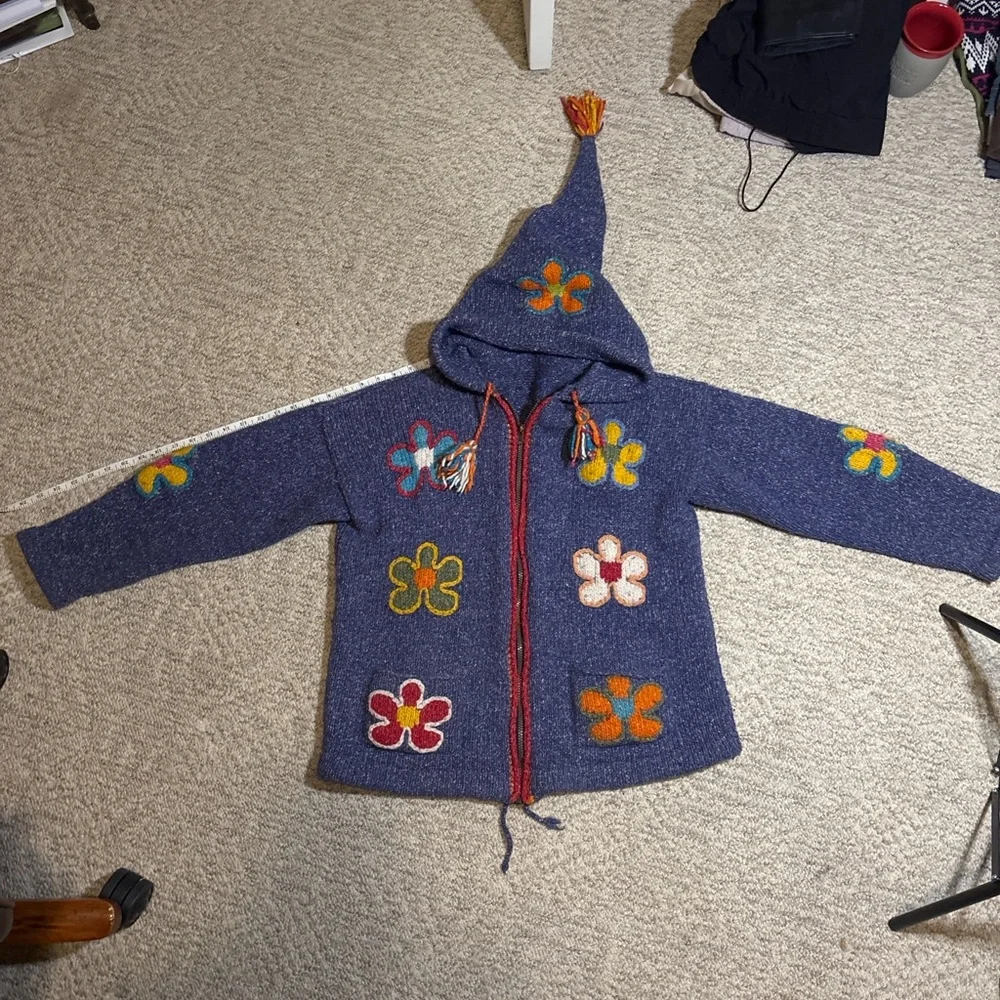 Floral Embroidered Blue Women's wool cardigan - Picture 2 of 16